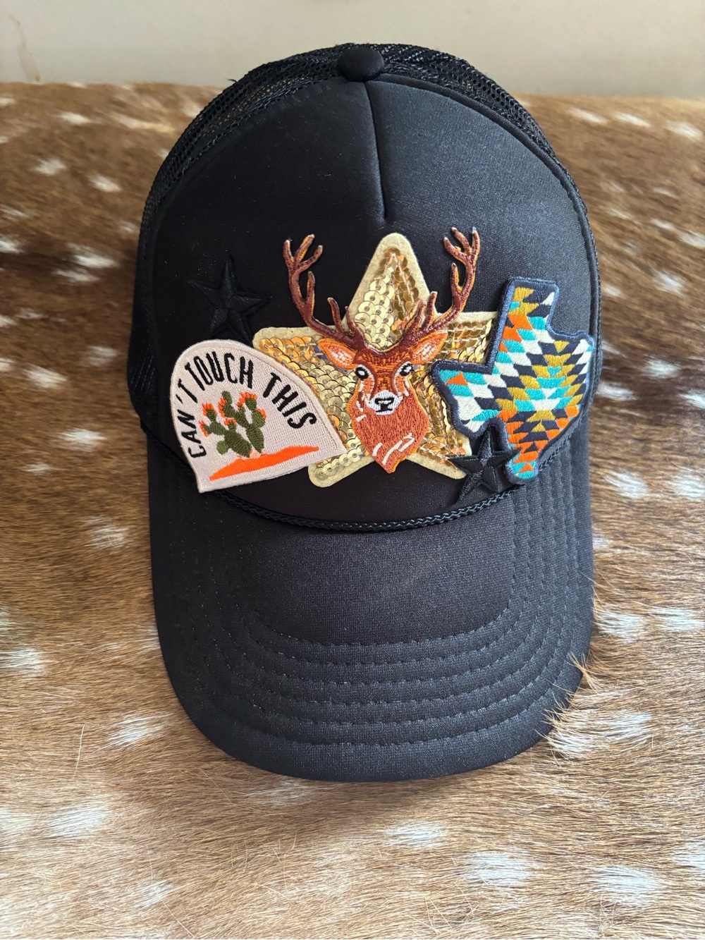 Black Patchwork Deer Trucker Hat